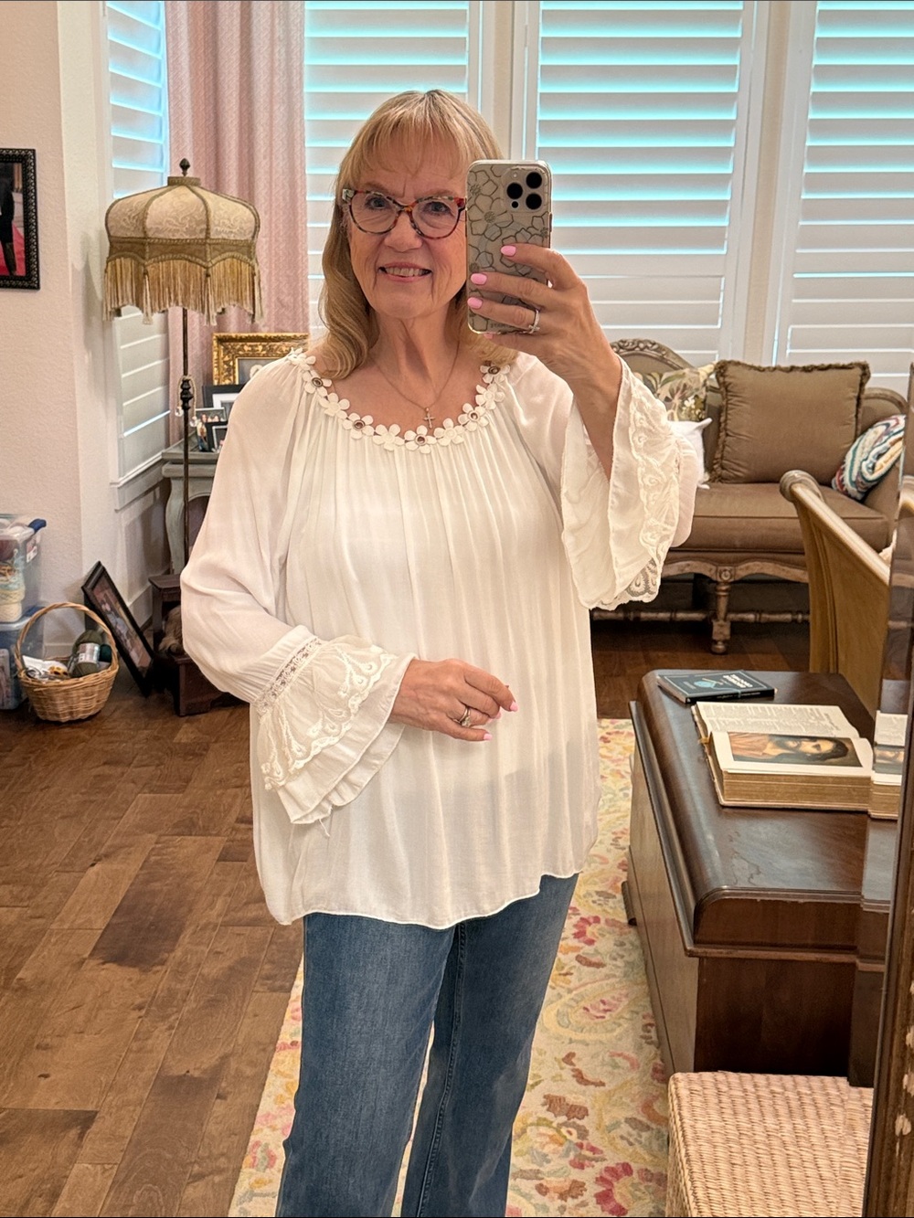 Elegant boho style White Blouse with Floral Accents by tempo Paris
